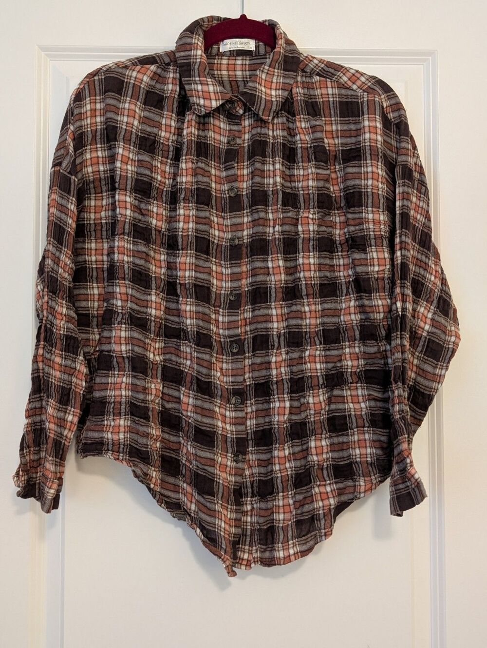 Muslin Cotton Plaid Brown White Women Size Small Long Sleeve Button Down Shirt